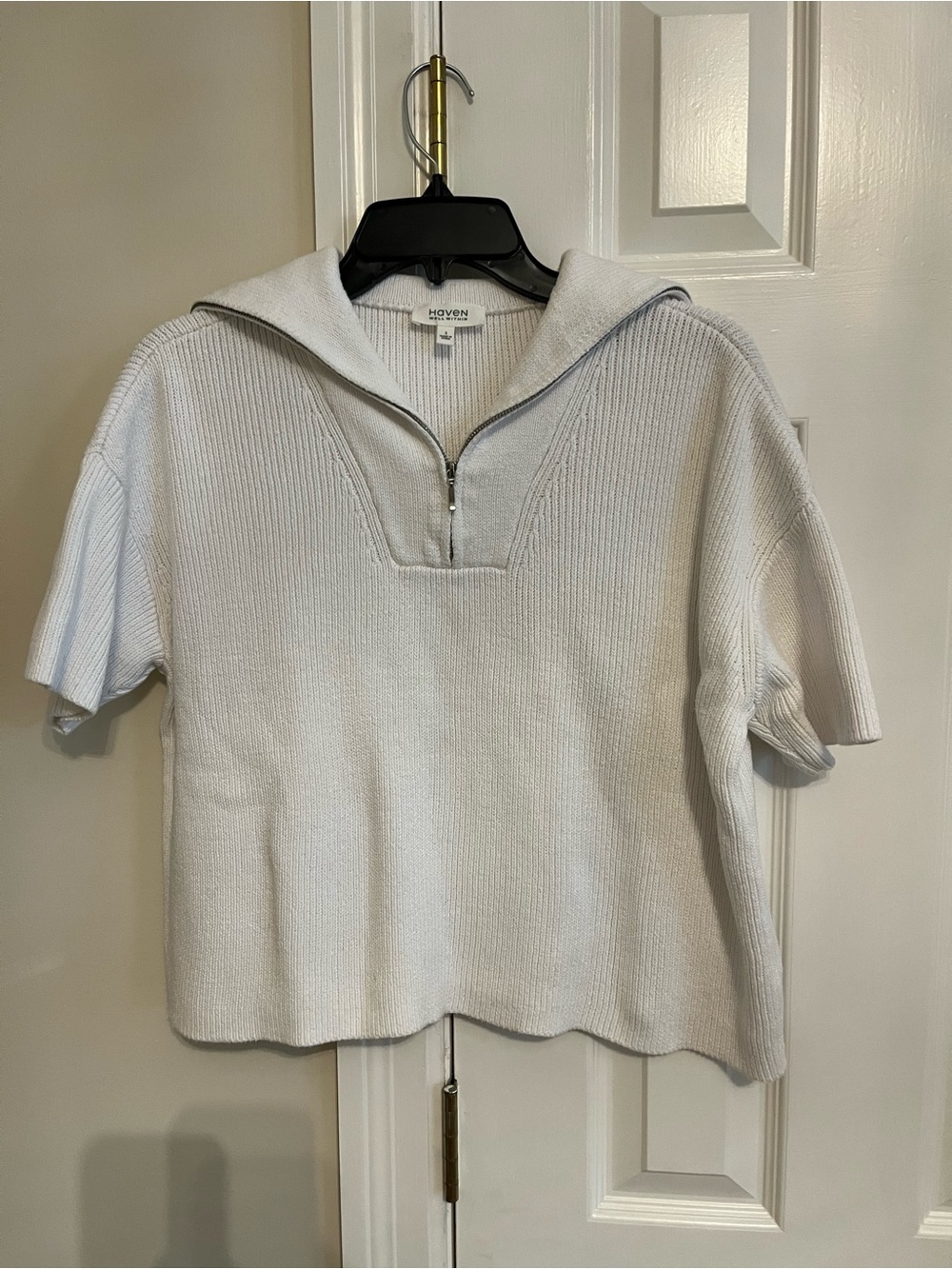 HAVEN WELL WITHIN  white 100% cotton Ribbed Half-Zip Knit Top